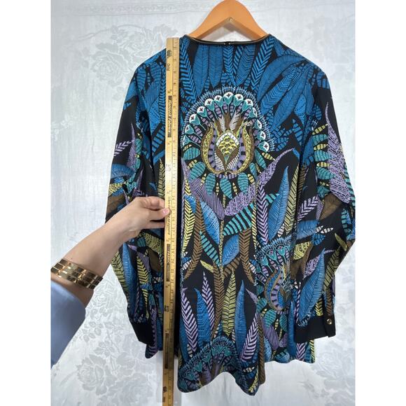 Bob Mackie Top 2X Black Blue Purple Feather Print 1/2 Zip Satin Tribal Peacock - Picture 10 of 10